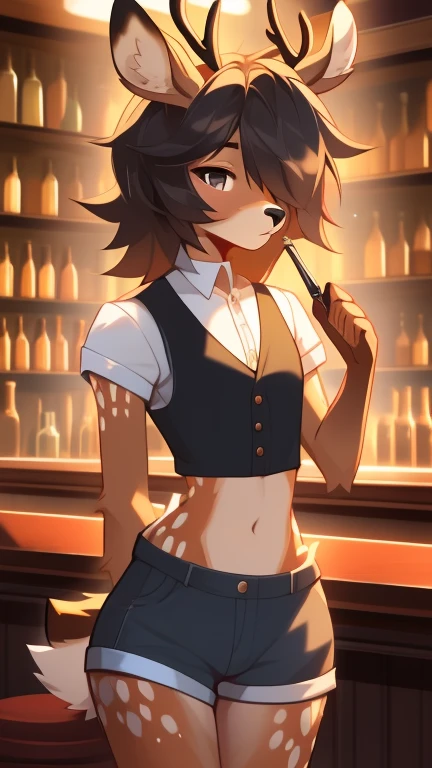 Best quality, super detailed illustration, warm colors, Ideal lighting, better detail, (fluffy deer boy:1.4) , feminine face and body, disheveled thick hair, Bartender's clothes, short shorts, shirt, vest, black butterfly, Sleepy view, bags under the eyes, femboy, small waist, wide hips, slim, perfect body, style "DND"