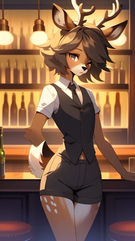 Best quality, super detailed illustration, warm colors, Ideal lighting, better detail, (fluffy deer boy:1.4) , feminine face and body, disheveled thick hair, Bartender's clothes, short shorts, shirt, vest, black butterfly, Sleepy view, bags under the eyes, femboy, small waist, wide hips, slim, perfect body, style "DND"