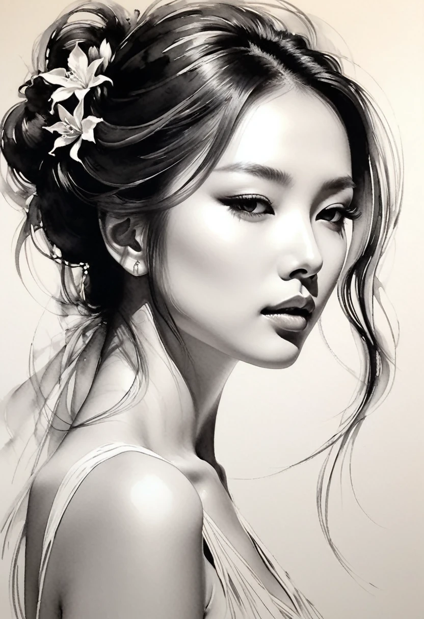 elegant maiden,black andwhite水墨画,pen sketch drawing,loose brushwork,Pen outlines delicate lines,Fluid action,Subtle shades of paint,elegant posture,A peaceful expression,Delicate facial features,black andwhite,to clean