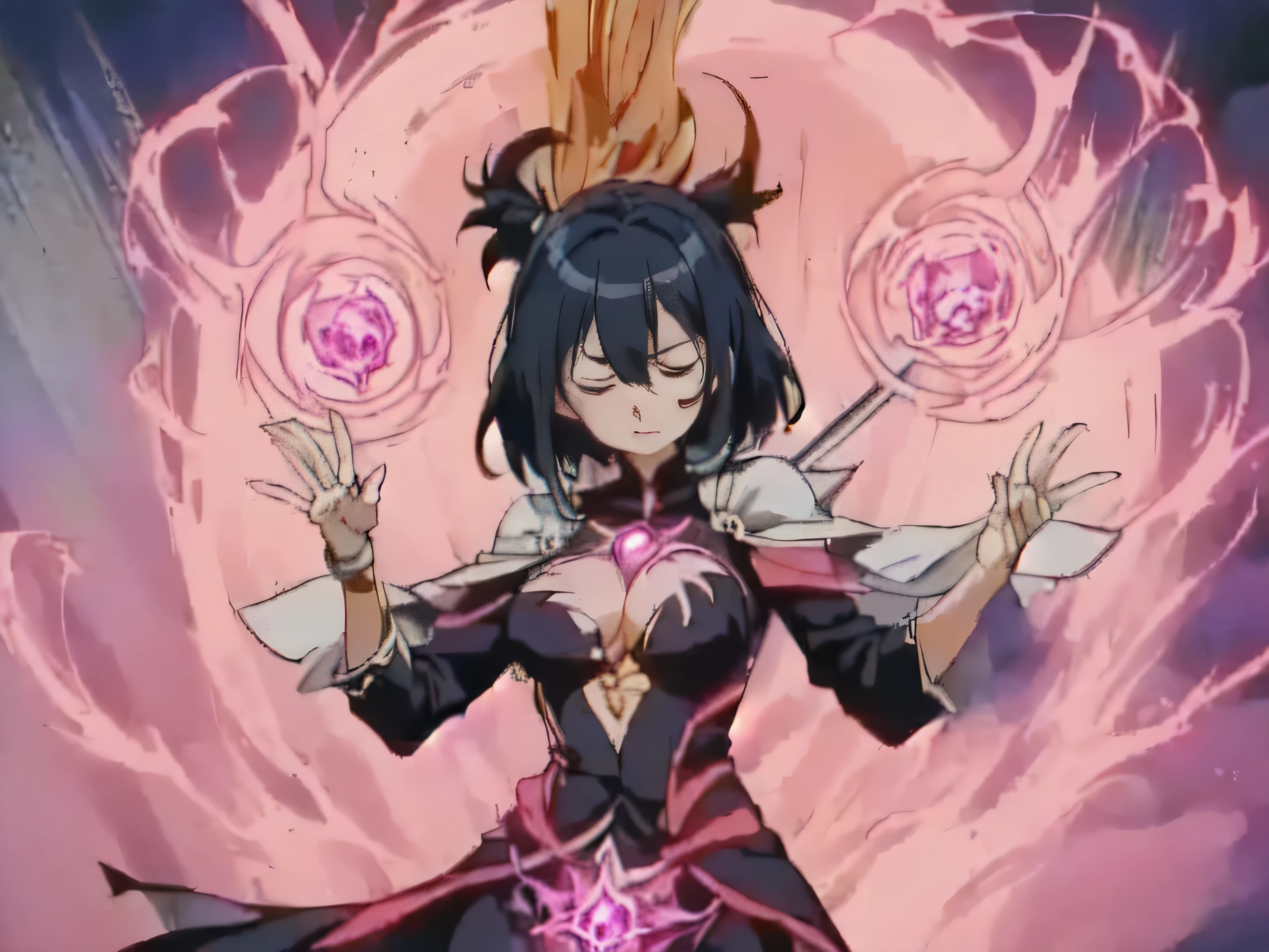 (:cellshading:(anime)(manga)anime main character of a woman in a black dress, Dark witch, Astral Witch Clothing,pose (casting a powerful spell, human :: sorceress, dark sorceress, anime woman, black fur wizard, witch clothes) masterpiece, hair flying up, hands down performing a spell, closed eyes, kinetic lines