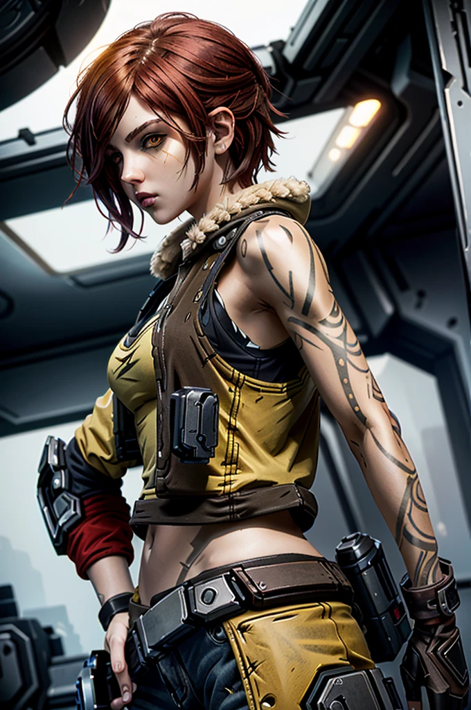 (masterpiece, best quality, cinematic lighting)
LilithBorderlands,  1girl, solo, red hair, yellow eyes, upper body, from behind, looking at viewer
  