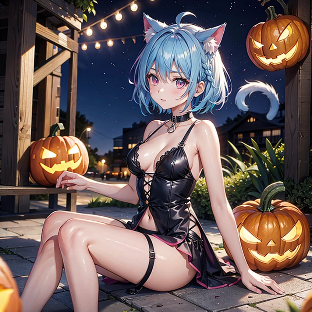 (Sky blue hair),(Braided short hair), (Pink Eyes),Fair skin) ,(whole body),(One Girl),(There are lots of pumpkin ghosts in the background),Cat ear,Cat&#39;s Tail,(Sailor suit),(Bruises and ugly faces),(Fall into Darkness),If you don't give me sweets, I'll play a prank on you.),(Halloween Night Party),(masterpiece, Highest quality, Very detailed, Best Shadow), (Detailed Background), (Beautifully detailed face), High Contrast, (Best lighting, Very delicate and beautiful), ((Cinematic Light)), Hyper Detail,8k, Dramatic Light, Intricate details,night,(Bats flying in the background),High quality