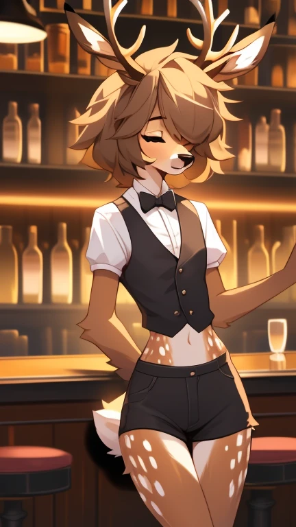 Best quality, super detailed illustration, warm colors, Ideal lighting, better detail, (fluffy deer boy:1.4) , feminine face and body, disheveled thick hair, Bartender's clothes, short shorts, shirt, vest, black butterfly, Sleepy view, bags under the eyes, femboy, small waist, wide hips, slim, perfect body, style "DND"