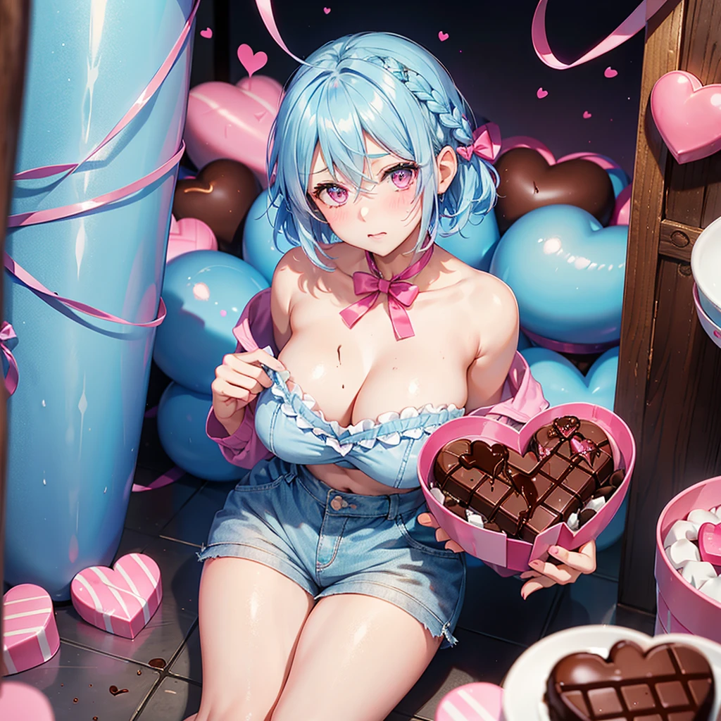 (Sky blue hair),(Braided short hair), (Pink Eyes),Fair skin) ,(whole body),(One Girl),(Lots of chocolate in the background),(Embarrassed),(Handing over a heart-shaped chocolate),(valentine's day),(masterpiece, Highest quality, Very detailed, Best Shadow), (Detailed Background), (Beautifully detailed face), High Contrast, (Best lighting, Very delicate and beautiful), ((Cinematic Light)), Hyper Detail,8k, Dramatic Light, Intricate details,night,High quality