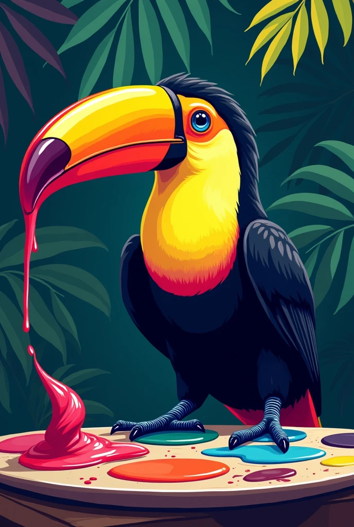 A toucan with a body shaped like a squeezed paint tube. Its large beak is the nozzle, squeezing out rainbow-colored paint. Feathers look like brush strokes. Perched on an artist's palette in a jungle studio. Pop art style with bold outlines, primary colors, and halftone dot shading