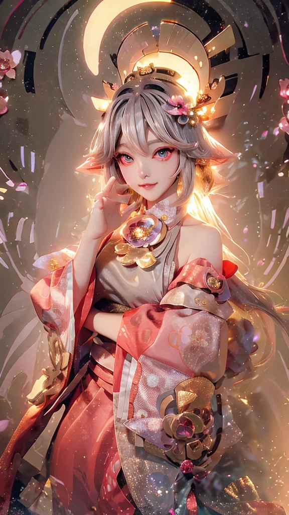 Cute Woman Japanese style Golden kimono Bob Hair Silver Hair Gorgeous large flower hair ornament Golden halo Big eyes Pink flowers background