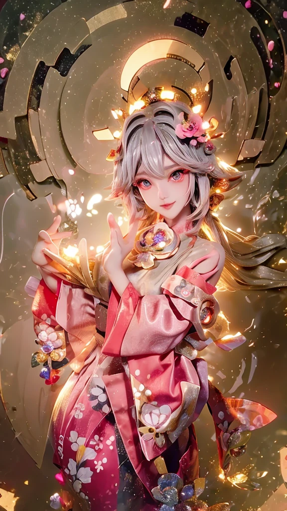 Cute Woman Japanese style Golden kimono Bob Hair Silver Hair Gorgeous large flower hair ornament Golden halo Big eyes Pink flowers background