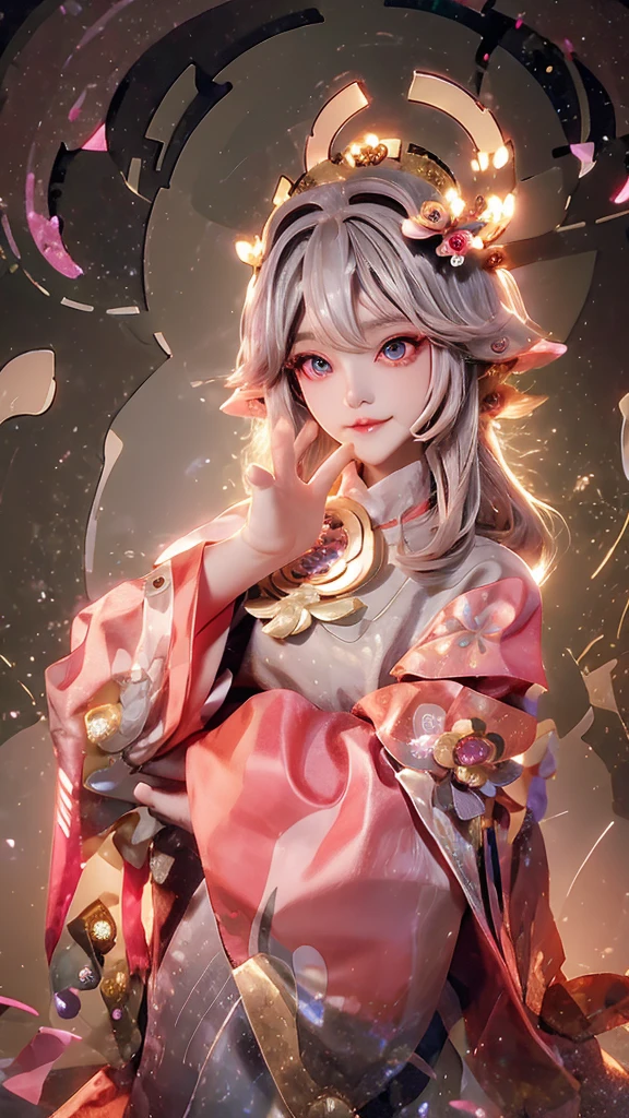Cute Woman Japanese style Golden kimono Bob Hair Silver Hair Gorgeous large flower hair ornament Golden halo Big eyes Pink flowers background