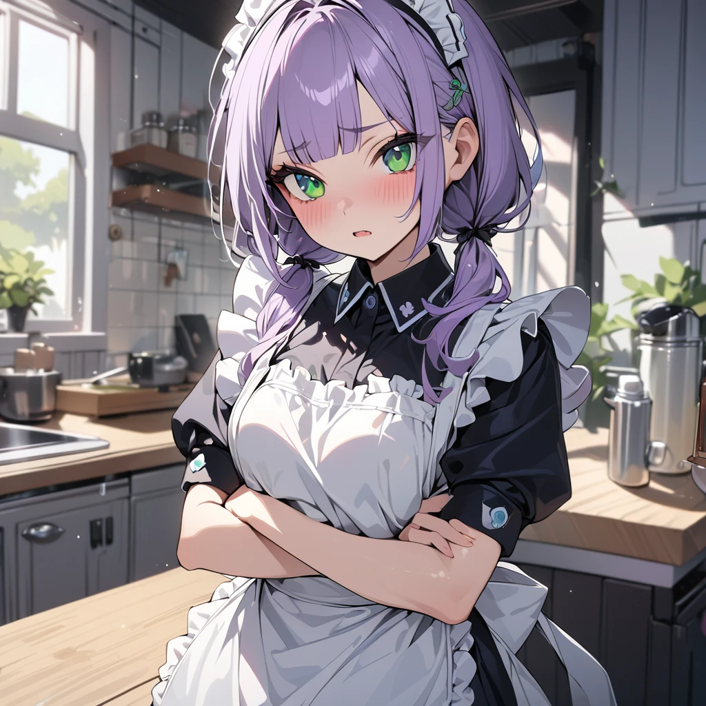 a girl, maid, puzzled, arms crossed, standing, looking at viewer, pale purple hair,low twintails, blunt bangs, green eyes, slim, maid, apron, in the kitchen, kawaii, cute, upper body, masterpiece, best quality, hyper detailed, exquisite, beautiful