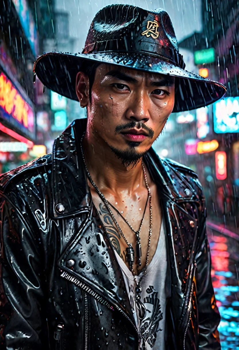 a tough asian man in a black leather jacket, black gangster felt hat, black business suit, part of a dragon tattoo visible on his neck, mean expression, rainy bangkok night, (best quality,4k,8k,highres,masterpiece:1.2),ultra-detailed,(realistic,photorealistic,photo-realistic:1.37),chiaroscuro lighting,dramatic cinematic lighting,hyper realistic,highly detailed face,extremely detailed eyes and face,longeyelashes,sharp focus,vivid colors,dark moody atmosphere,neon lights,rain effects,gritty urban environment,cyberpunk,neo-noir,concept art,digital painting