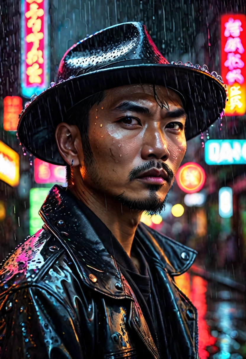 a tough asian man in a black leather jacket, black gangster felt hat, black business suit, part of a dragon tattoo visible on his neck, mean expression, rainy bangkok night, (best quality,4k,8k,highres,masterpiece:1.2),ultra-detailed,(realistic,photorealistic,photo-realistic:1.37),chiaroscuro lighting,dramatic cinematic lighting,hyper realistic,highly detailed face,extremely detailed eyes and face,longeyelashes,sharp focus,vivid colors,dark moody atmosphere,neon lights,rain effects,gritty urban environment,cyberpunk,neo-noir,concept art,digital painting
