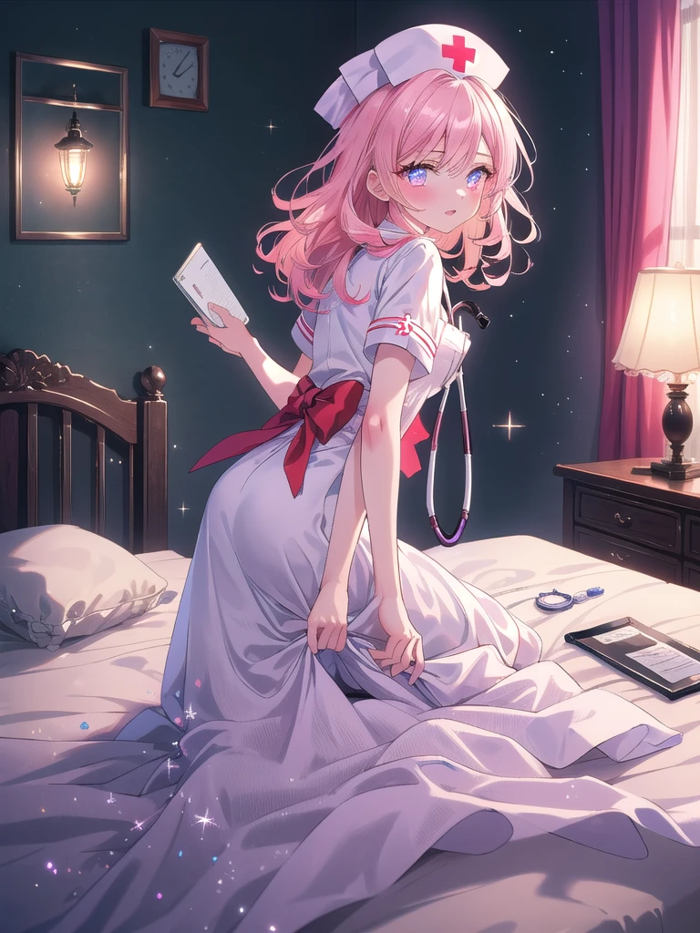 ((8k, Highest quality, masterpiece: 1.3)),Ultra-high resolution,(1 girl, alone), (Color changing eyes, Ultra-detailed, Expressive brilliance, Glitter, Glowing Eyes), Highly detailed eyes, Highly detailed face, Random Hair, ((pastel colour)),A sultry young woman with pastel pink hair styled into loose waves, lying on her bed in her softly lit bedroom during a late evening. She is dressed in a provocative nurse cosplay, wearing a short white dress with a red cross emblem, a matching nurse's cap, and thigh-high stockings. The camera captures her from an overhead angle as she leans back on the bed, her expression caring yet flirtatious. The room is dimly lit by a bedside lamp, with soft sheets draped over the bed, medical-themed props like a stethoscope and clipboard scattered around, creating an intimate and playful atmosphere.