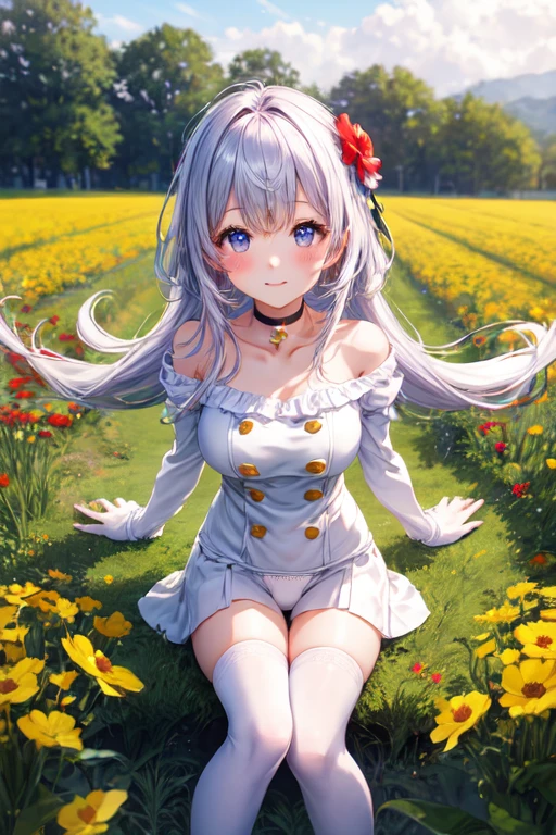 beautiful girl, Big breasted 、Cute hairstyle、Colorful hair colors, choker, White panties、Highest quality, masterpiece, 8k, Ultra-high resolution, Beautiful Face、Symmetrical eyes, Lots of ribbons and frills, shake, Place your arms behind your back, Knee socks, Knee-high socks, Embarrassing, Bright red flower field