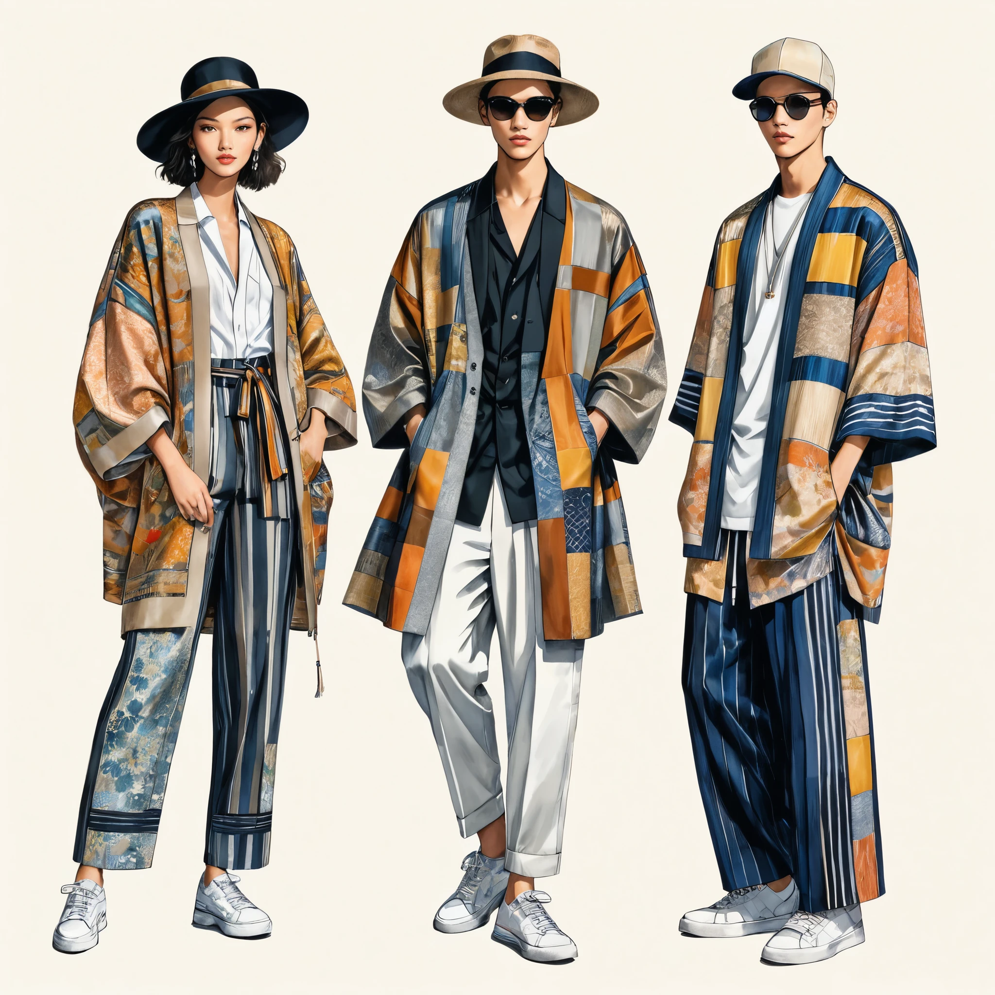 candid fashion illustration a group of young 2man and 1girl, aged 18-23 year old, tall and slender, Mixed race male super model, ((showcase fashionable Lenin outfits inspired by designer Dris Van Noten spring collection 2024)), in elegant and modern style of ((patchwork or collage of E-co print mixed with Metallic color fabric and ethnic cloth)). The 1st man wears an oversized shirt with embroidery and lace details, paired with slim-fit Pants. The 2nd man complements him in a shirt decorate with lace and an oversized Yukata Jacket, ethnic woven details, paired with big striped Drawstring short. a woman wears patchwork long silk dress style, (all completes the look with white sneakers, an accessorizes with a wide-brimmed straw hat, sunglass. Captured in a ((full-body image)), simple model pose, ((simple water-color paint on white paper background)), realistic pencil lines, imperfect drawing, charcoal lines detail, fading sketch, fashion Sketching, low angle view, (full body image), Dris Van Noten