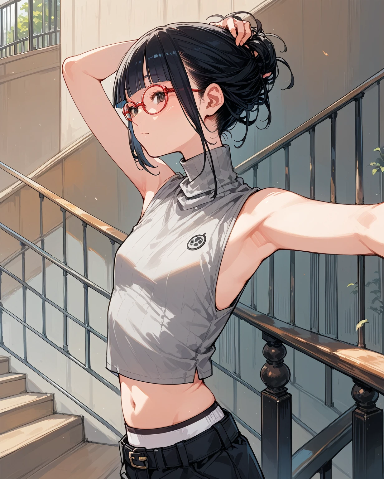 Flat Chest,Focus on your audience,Extremely thin body,Anime Style,Slender figure,delicate,Glasses,Asian woman in grey top and black pants posing on stairs, Sleeveless turtleneck, セクシーなWearing a crop top, Photo of slim girl model, Chiho, T-Top, shikamimi, Wearing a crop top, Real life anime girls, Kurohime cut hair, Shashi, 2 4-year-old female model