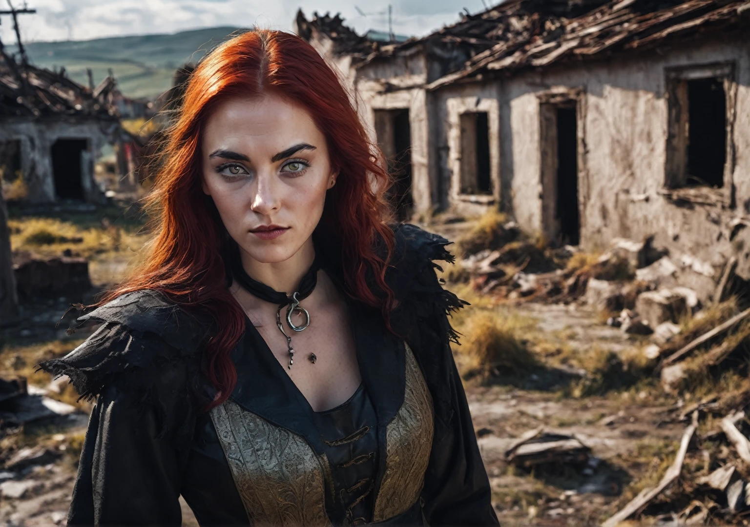a one woman, caucasiano, yellow color eyes, arched eyebrow, Oval face, brava, red hair, witch, detailed leather clothing, power of light, background of an abandoned and destroyed village.