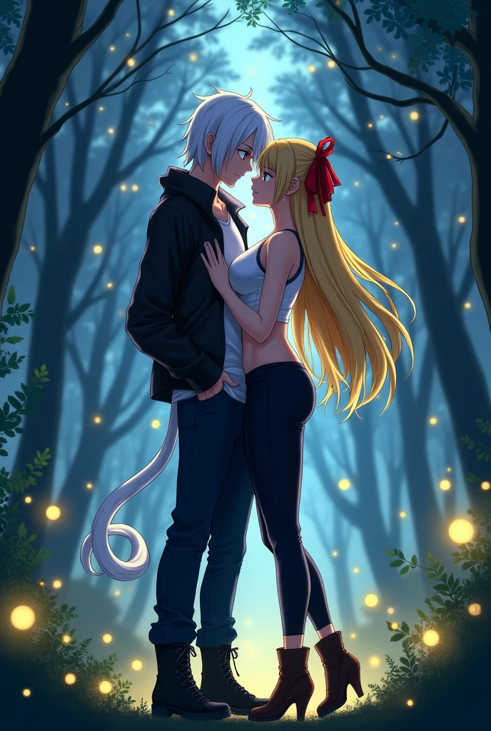 Young man with long straight white hair,Red eyes,camiseta blaca,black jacket,dark blue pants,black boots and white monkey tail Next to a woman with a sexy body,blonde with long hair tied with a red ribbon,blue eyes,white cropped sleeveless t-shirt,black pants clinging to his legs,Brown boots,kissing in the middle of a forest at night lit by fireflies(anime style/dragónball)