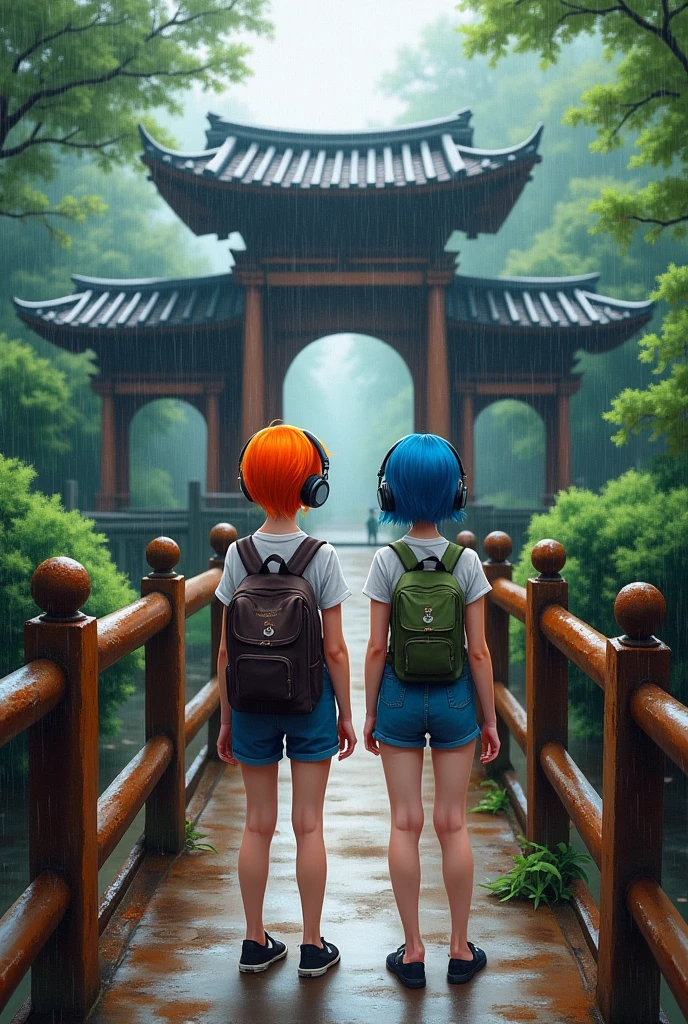 Masterpiece of oilcolor painting, view of two  girl from back. First taller girl have orange short hairstyles. And second girl stand beside have blue short hairstyles. Both of her wear big headphones, tanktop and short jeans, carry backpack. Standing with a rusted round iron bridge railing, look at a old ancient Japanese wooden gateway with battlements upstair, walkway path through the forest, raining day, high detail photorealism  at raining day