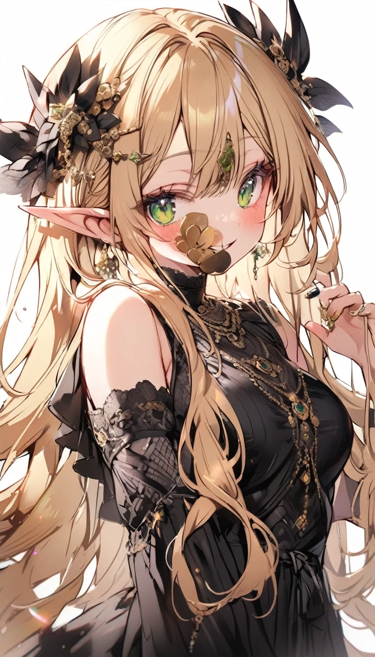 (elf girl:1.3), (green eyes:1.2), (blonde hair:1.2), (hand raised:1.1), (smiling:1.0), (blush:1.0), (black dress:1.2), (jewelry:1.0), (long hair:1.2), (pointed ears:1.2), (purple hair accessory:1.1), (detailed clothing:1.0), (white background:1.2)