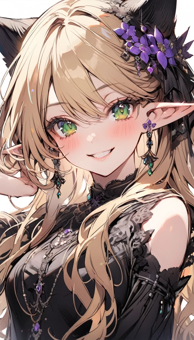(elf girl:1.3), (green eyes:1.2), (blonde hair:1.2), (hand raised:1.1), (smiling:1.0), (blush:1.0), (black dress:1.2), (jewelry:1.0), (long hair:1.2), (pointed ears:1.2), (purple hair accessory:1.1), (detailed clothing:1.0), (white background:1.2)