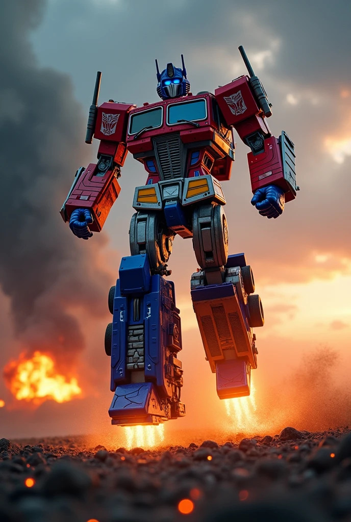 Galaxy convoy Fire truck Optimus Prime, robot warrior, leaping against dark cloudy sky, intense battle background, dynamic explosion effects, cinematic lighting, highly detailed, 8K, (best quality,4k,8k,highres,masterpiece:1.2),ultra-detailed,(realistic,photorealistic,photo-realistic:1.37),epic action scene,dramatic pose,intricate mechanical design,glowing energy,sparks,dust,devastation,cinematic angle,dramatic lighting