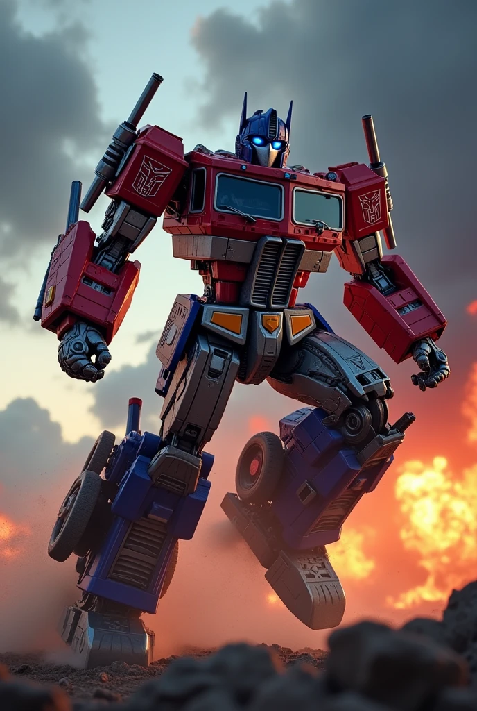 Galaxy convoy Fire truck Optimus Prime, robot warrior, leaping against dark cloudy sky, intense battle background, dynamic explosion effects, cinematic lighting, highly detailed, 8K, (best quality,4k,8k,highres,masterpiece:1.2),ultra-detailed,(realistic,photorealistic,photo-realistic:1.37),epic action scene,dramatic pose,intricate mechanical design,glowing energy,sparks,dust,devastation,cinematic angle,dramatic lighting