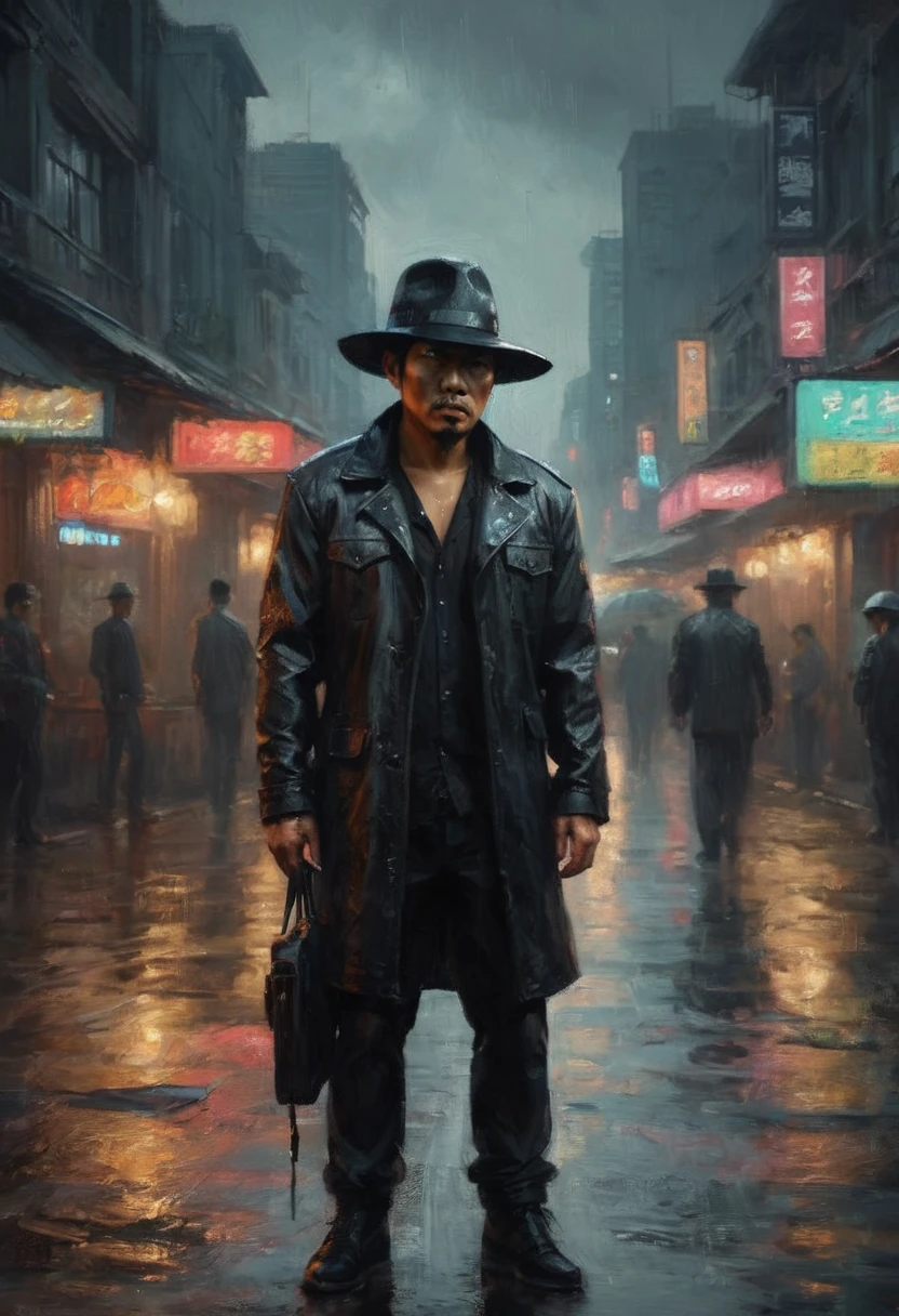 a tough asian man in a black leather jacket, black gangster felt hat, black business suit, part of a dragon tattoo visible on his neck, mean expression, rainy bangkok night, (best quality,4k,8k,highres,masterpiece:1.2),ultra-detailed,(realistic,photorealistic,photo-realistic:1.37),chiaroscuro lighting,dramatic cinematic lighting,hyper realistic,highly detailed face,extremely detailed eyes and face,longeyelashes,sharp focus,vivid colors,dark moody atmosphere,neon lights,rain effects,gritty urban environment,cyberpunk,neo-noir,concept art,digital painting