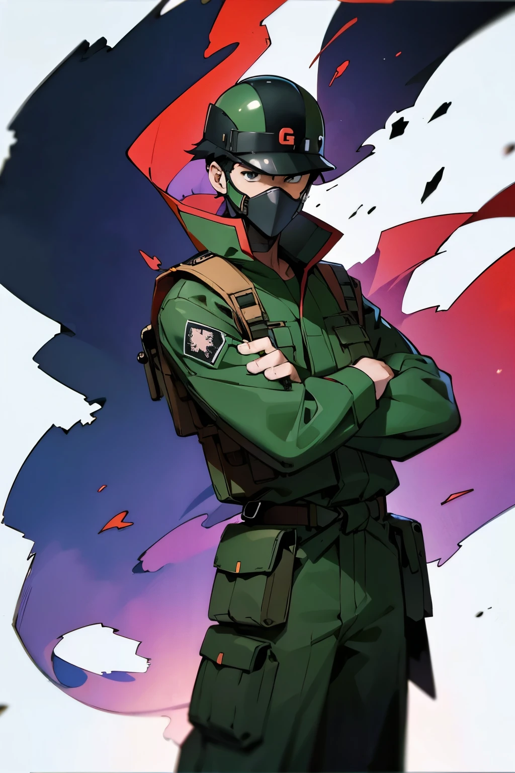 by Ken Sugimori, sugimori 1990s, ((only 1man)),  adult, camoflauge uniform, backpacker, survivalist, bullet proof vest, scowling, helmet, ghostly wisps in the background, supernatural, ninja weapons, mask ((hands behind their back)), full black pupils, manga, best quality, highly detailed, clean lines, cowboy shot, good hands, good eyes, hd, 8k, professional, symmetrical, hires, 8k,