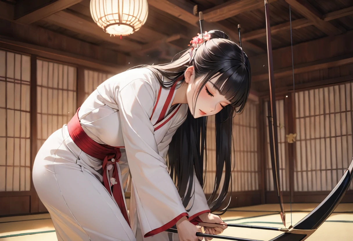 ((profile, standing Kyudo style)), (left hand holding a japanese long bow:1.2), (Push forward left hand holding on japanese long bow), (solo:2, 15 yo) (detailed beautifu blunt bangs:1.3) (beautiful sexy black hair very long hair) (beautiful shrine maiden girl) (detailed sexy closed eyes) (serious face, glossy lip) (medium tits), break, in a white Kyudo uniform, break, in the japanese Archery range, BREAK, perfect anatomy, masterpiece, best quality, 16k, beautiful detailed grow, daydreaming expression.