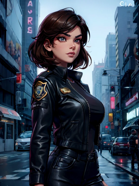 Portrait of natlp as a beautiful female model, georgia fowler, beautiful face, with short dark brown hair, in cyberpunk city at night. She is wearing a leather jacket, black jeans, deep cleavage showing, dramatic lighting, (police badge:1.2)