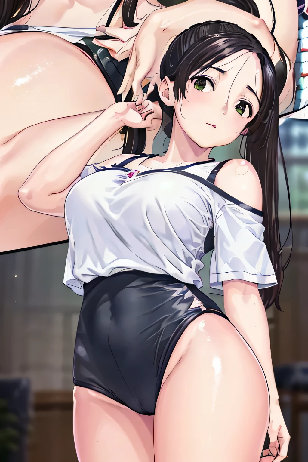 Akane Yoshizawa, Black Hair, ponytail, (Green Eyes:1.5), flowing bangs, Long Hair, Red volleyball uniform,Off the shoulder, Take a break indoors, classroom,Watch Viewer, (Cowboy Shot:1.5),Are standing, Leaning forward, (masterpiece:1.2), Highest quality,High resolution, (Beautiful details:1.6), Highly detailed face, Perfect lighting, Extremely detailed CG, (Perfect hands, Perfect Anatomy),