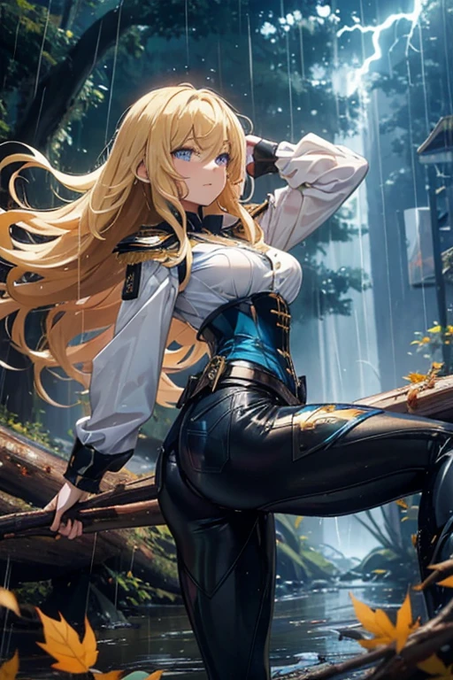 Modern anime-style digital painting of a 25-year-old female teacher in a frontal view and action pose during an autumn day, soaked by rain with dramatic lightning in the background. She is 165 cm tall, with measurements of 91-61-81 cm, and has waist-length, wavy blond hair with V bangs and bright blue eyes. Emitting a golden aura, she stands dynamically with one leg raised on a fallen log. She wears a ruffled white blouse, a black corset, skinny tight blue jeans, and high black boots, all drenched by the rain. The scene is set against rich autumn foliage and vivid lightning, enhancing the intense and mystical atmosphere.