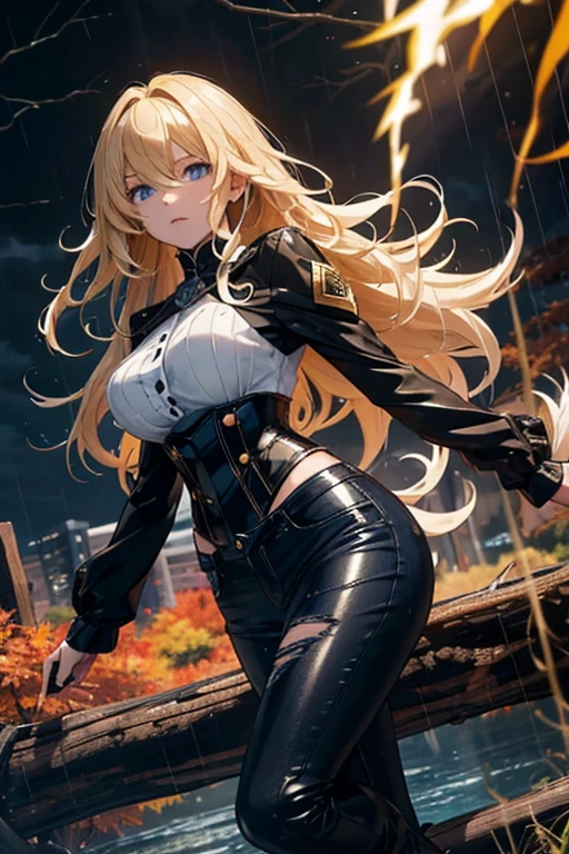 Modern anime-style digital painting of a 25-year-old female teacher in a frontal view and action pose during an autumn day, soaked by rain with dramatic lightning in the background. She is 165 cm tall, with measurements of 91-61-81 cm, and has waist-length, wavy blond hair with V bangs and bright blue eyes. Emitting a golden aura, she stands dynamically with one leg raised on a fallen log. She wears a ruffled white blouse, a black corset, skinny tight blue jeans, and high black boots, all drenched by the rain. The scene is set against rich autumn foliage and vivid lightning, enhancing the intense and mystical atmosphere.