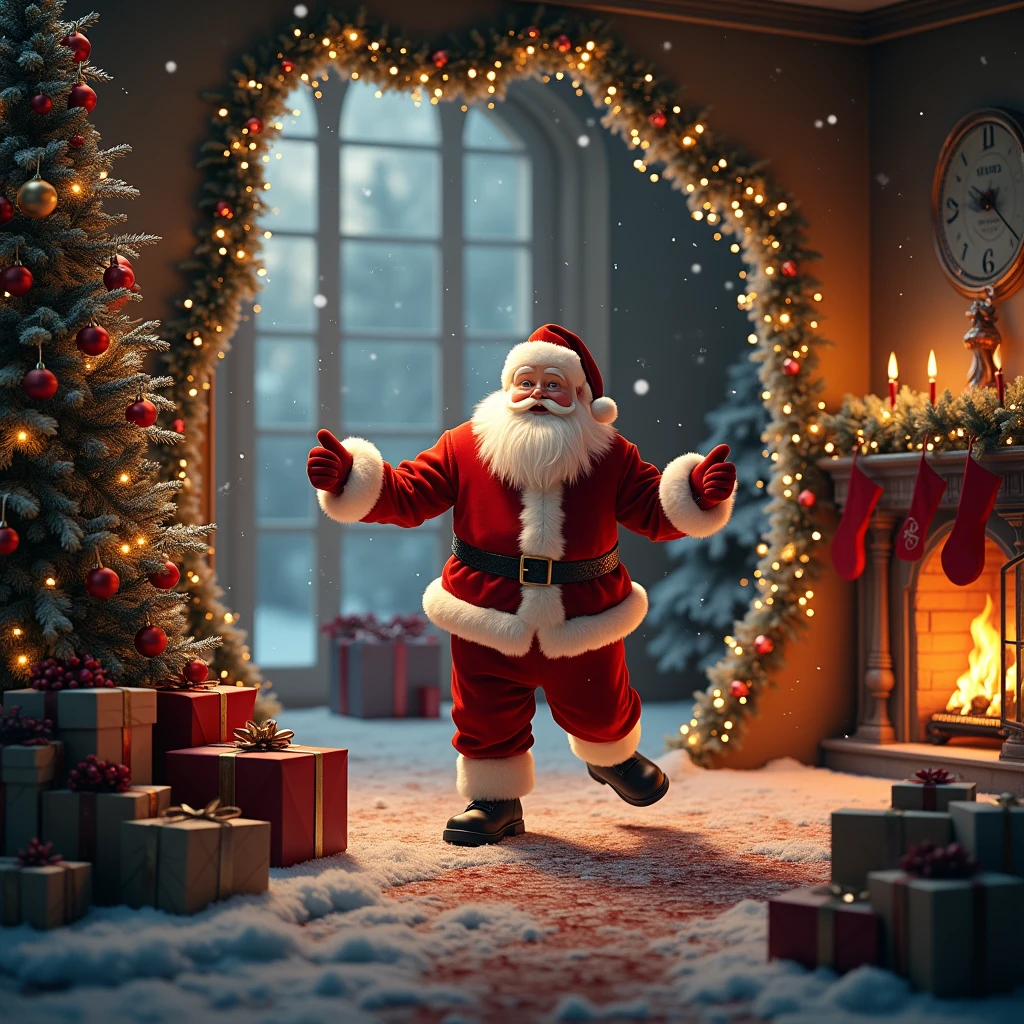a christmas scene with santa claus breaking through a wall to deliver presents,detailed christmas interior, ornate christmas tree, roaring fireplace, snow falling outside window, warm lighting, festive decorations, (best quality,4k,8k,highres,masterpiece:1.2),ultra-detailed,(realistic,photorealistic,photo-realistic:1.37),intricate details,cinematic lighting,holiday spirit,festive colors,christmas magic
