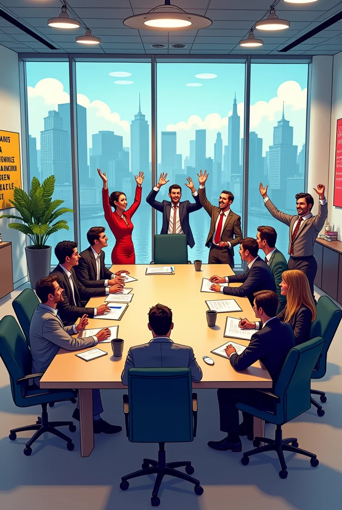 • Comic style image of a modern conference room with a large table and chairs with people sitting on it.
• The group collaborating. Exchanging ideas and smiling • A celebration with the group raising their hands in triumph.
• An innovative product (It can be a prototype or a logo) In the middle, symbolizing their success.