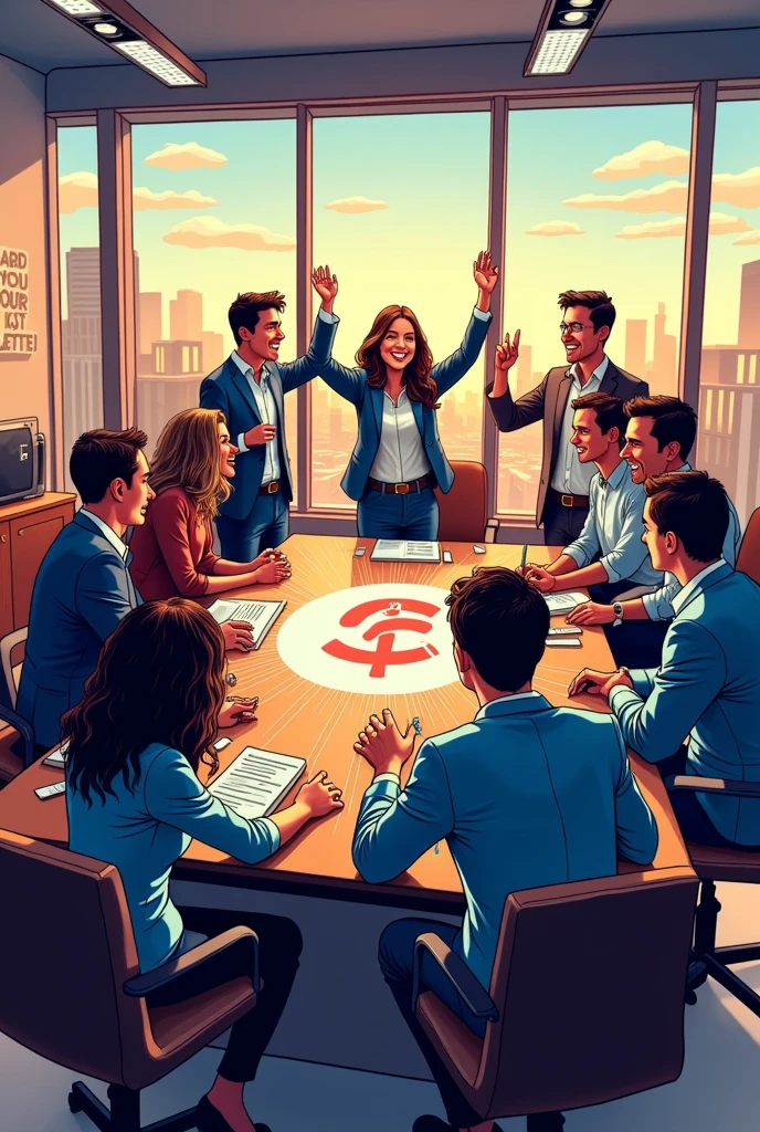• Comic style image of a modern conference room with a large table and chairs with people sitting on it.

• The group collaborating. Exchanging ideas and smiling • A celebration with the group raising their hands in triumph.

• An innovative product (It can be a prototype or a logo) In the middle, symbolizing their success.