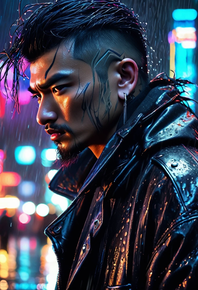 a tough asian man in a black leather jacket, black gangster felt hat, black business suit, part of a dragon tattoo visible on his neck, mean expression, rainy bangkok night, (best quality,4k,8k,highres,masterpiece:1.2),ultra-detailed,(realistic,photorealistic,photo-realistic:1.37),chiaroscuro lighting,dramatic cinematic lighting,hyper realistic,highly detailed face,extremely detailed eyes and face,longeyelashes,sharp focus,vivid colors,dark moody atmosphere,neon lights,rain effects,gritty urban environment,cyberpunk,neo-noir,concept art,digital painting
