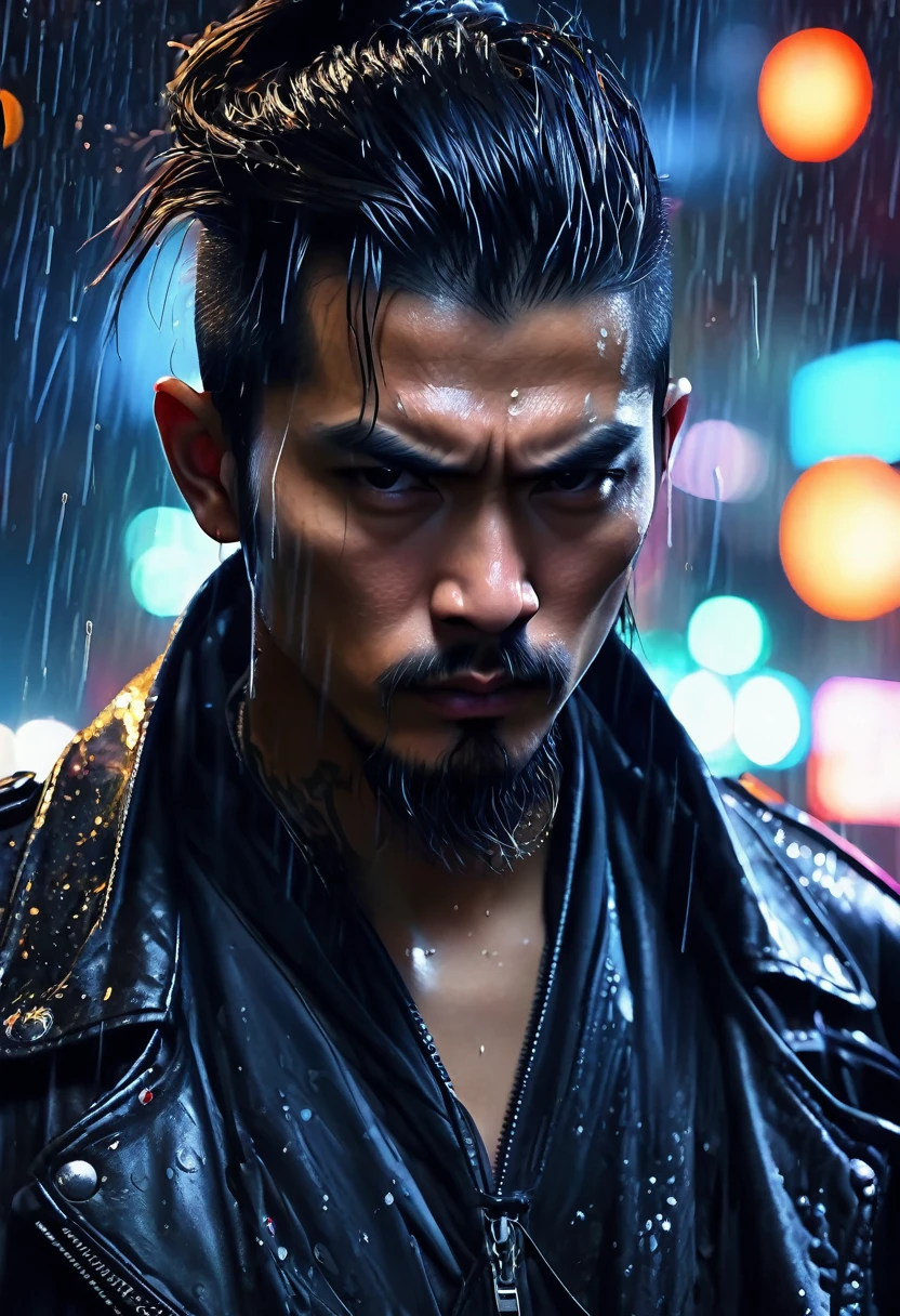 a tough asian man in a black leather jacket, black gangster felt hat, black business suit, part of a dragon tattoo visible on his neck, mean expression, rainy bangkok night, (best quality,4k,8k,highres,masterpiece:1.2),ultra-detailed,(realistic,photorealistic,photo-realistic:1.37),chiaroscuro lighting,dramatic cinematic lighting,hyper realistic,highly detailed face,extremely detailed eyes and face,longeyelashes,sharp focus,vivid colors,dark moody atmosphere,neon lights,rain effects,gritty urban environment,cyberpunk,neo-noir,concept art,digital painting
