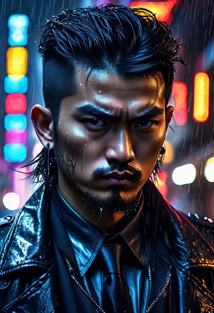 a tough asian man in a black leather jacket, black gangster felt hat, black business suit, part of a dragon tattoo visible on his neck, mean expression, rainy bangkok night, (best quality,4k,8k,highres,masterpiece:1.2),ultra-detailed,(realistic,photorealistic,photo-realistic:1.37),chiaroscuro lighting,dramatic cinematic lighting,hyper realistic,highly detailed face,extremely detailed eyes and face,longeyelashes,sharp focus,vivid colors,dark moody atmosphere,neon lights,rain effects,gritty urban environment,cyberpunk,neo-noir,concept art,digital painting
