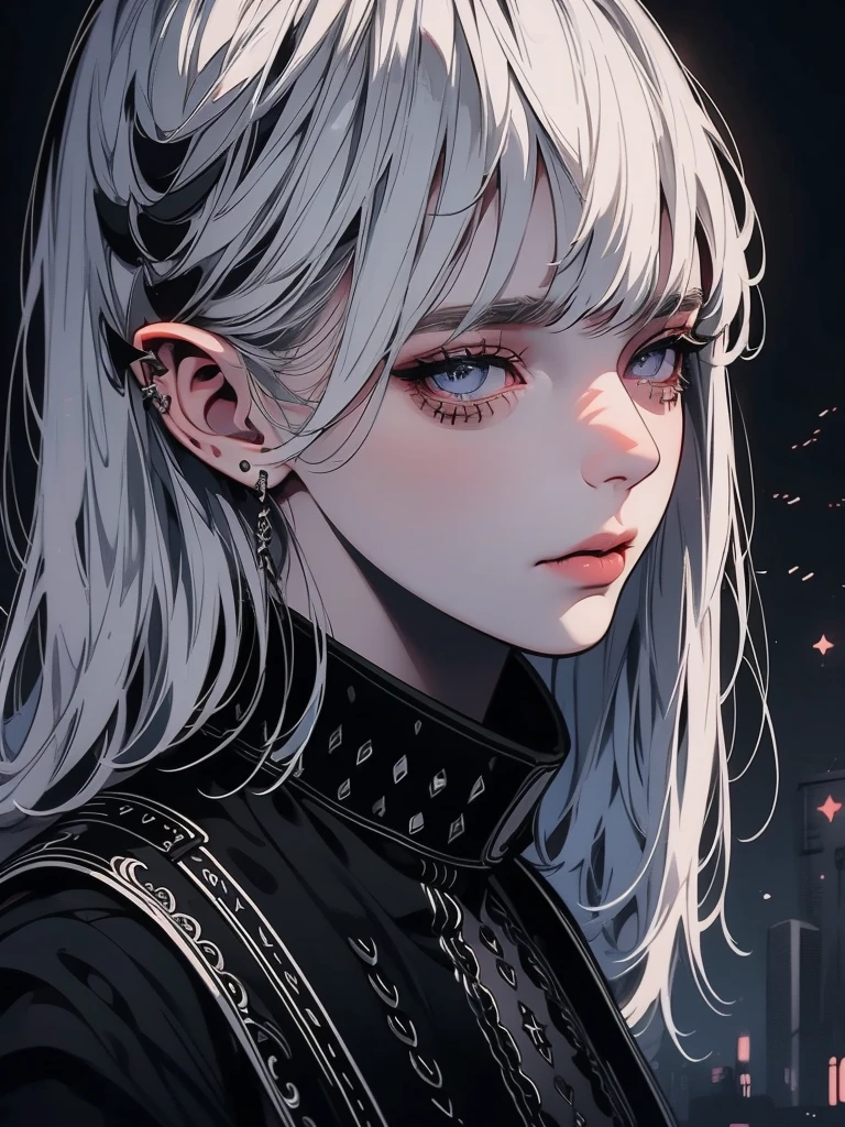 a young white-haired girl with grey eyes and dark circles, wearing a black heroine costume, city background at night, character portrait, highly detailed, digital painting, realistic, 8k, photorealistic, cinematic lighting, dramatic atmosphere, moody colors, dynamic pose, detailed facial features, long eyelashes, sharp focus, volumetric lighting, intricate details, vibrant colors, masterpiece