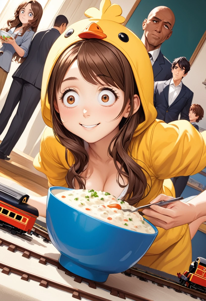 detailed illustration, dynamic angle, ultra-detailed, illustration, 1girl, 18 year old, school girl, wavy brown hair, long hair, bright brown eyes, cleavage, medium breasts, chicken costume, playing with model trains, bowl of chowder, narrowed eyes, sexy smile, 1man(18 year old, in background, confused expression, wide eyes)