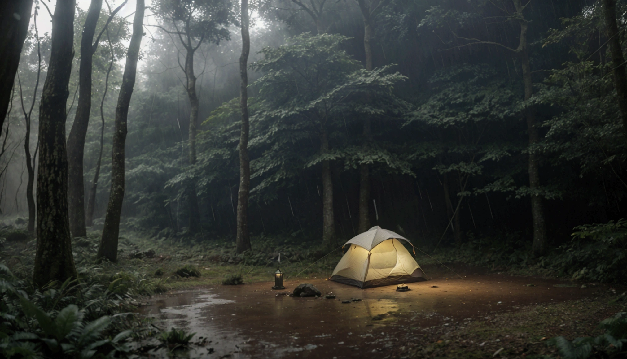 "A rainy, overcast day outside a tent in a dense forest. The scene shows the entrance of the tent slightly open, revealing the dry, cozy interior with a sleeping bag and a lantern faintly glowing inside. Outside, the rain is falling steadily, forming small streams that run through the muddy ground. The surrounding trees are tall and dense, their leaves heavy with raindrops, creating a natural canopy that slightly shields the tent from the rain. The sky is filled with thick, dark clouds, and a cool mist lingers in the air, adding to the calm and serene atmosphere of being deep in the wilderness during a rainstorm."