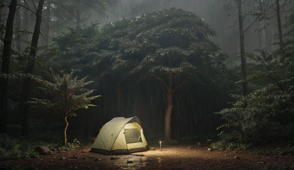 "A rainy, overcast day outside a tent in a dense forest. The scene shows the entrance of the tent slightly open, revealing the dry, cozy interior with a sleeping bag and a lantern faintly glowing inside. Outside, the rain is falling steadily, forming small streams that run through the muddy ground. The surrounding trees are tall and dense, their leaves heavy with raindrops, creating a natural canopy that slightly shields the tent from the rain. The sky is filled with thick, dark clouds, and a cool mist lingers in the air, adding to the calm and serene atmosphere of being deep in the wilderness during a rainstorm."
