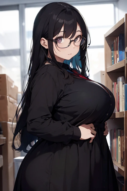 A short chubby woman wearing formal colorful dress. Glasses, long black hair, dull dark eyes. Massive breasts. Detailed Background. Portrait.