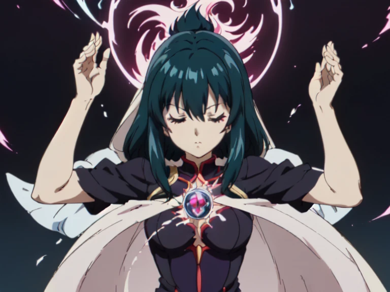 (:cellshading:(anime)(manga)anime main character of a woman in a black dress, Dark witch, Astral Witch Clothing,pose (casting a powerful spell, human :: sorceress, dark sorceress, anime woman, black fur wizard, witch clothes) masterpiece, hair flying up, hands down performing a spell, closed eyes, kinetic lines