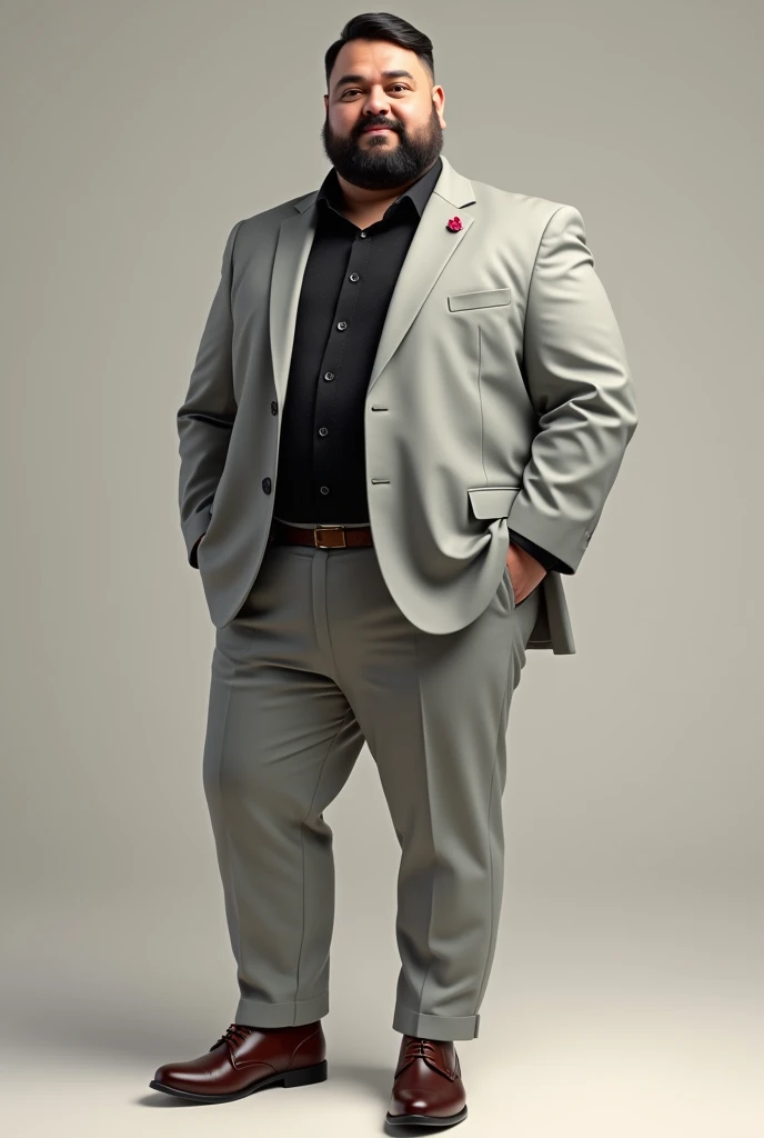 I have a black shirt with very very small pink dots and I want to combine it with a formal light grey suit, a jacket and light grey formal trousers and elegant brown shoes., The shirt has a black and white line with a design similar to flowers but that is hidden when pointed at, create an image with that description, It is for a person a little man just a little fat not much, I weigh 86 kilos and am 1.72 cm, black shirt with very very small pink dots and has a short black beard, the pink dots are much smaller, thinner and the dots much smaller