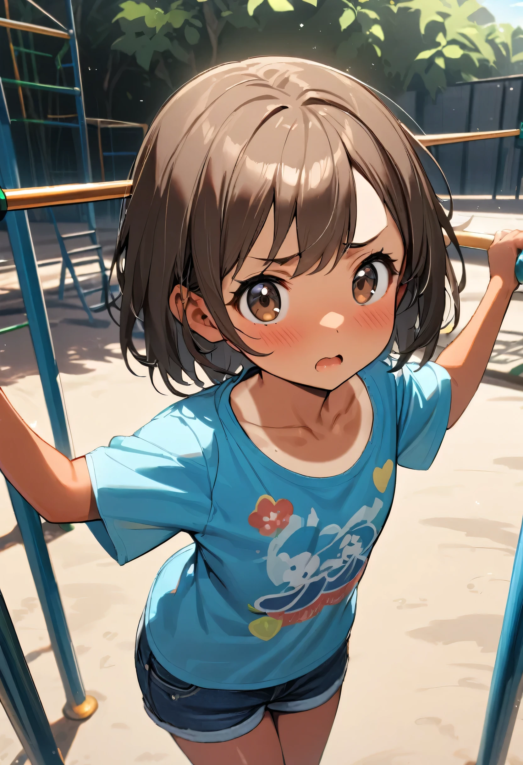 1girl, (()), ((petite)), (enage)), ((yrl)), ((young), ((12 year's o (tanned skin:1anlines: sunburn, Mahogany brown hair, brown eyes, ((extra short hair)),worried, anxious,t-shirt, blue clothing, denim shorts, looking at viewer, playground, jungle-gym, hanging from horizontal bar, masterpiece, best quality