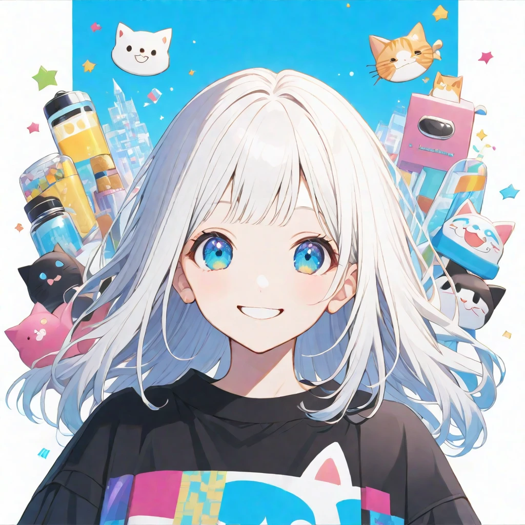 alone,good looking, 
1. girl,
bangs,Straight hair, Chest length hair,
White Hair, 18-year-old,
nakano nino,Cat ear,
Light blue eyes,
Black oversized パーカー,casual,Stylish,
skin,
white background,
simple background,Face up,İcon,smile, happiness/joy, smiling, 