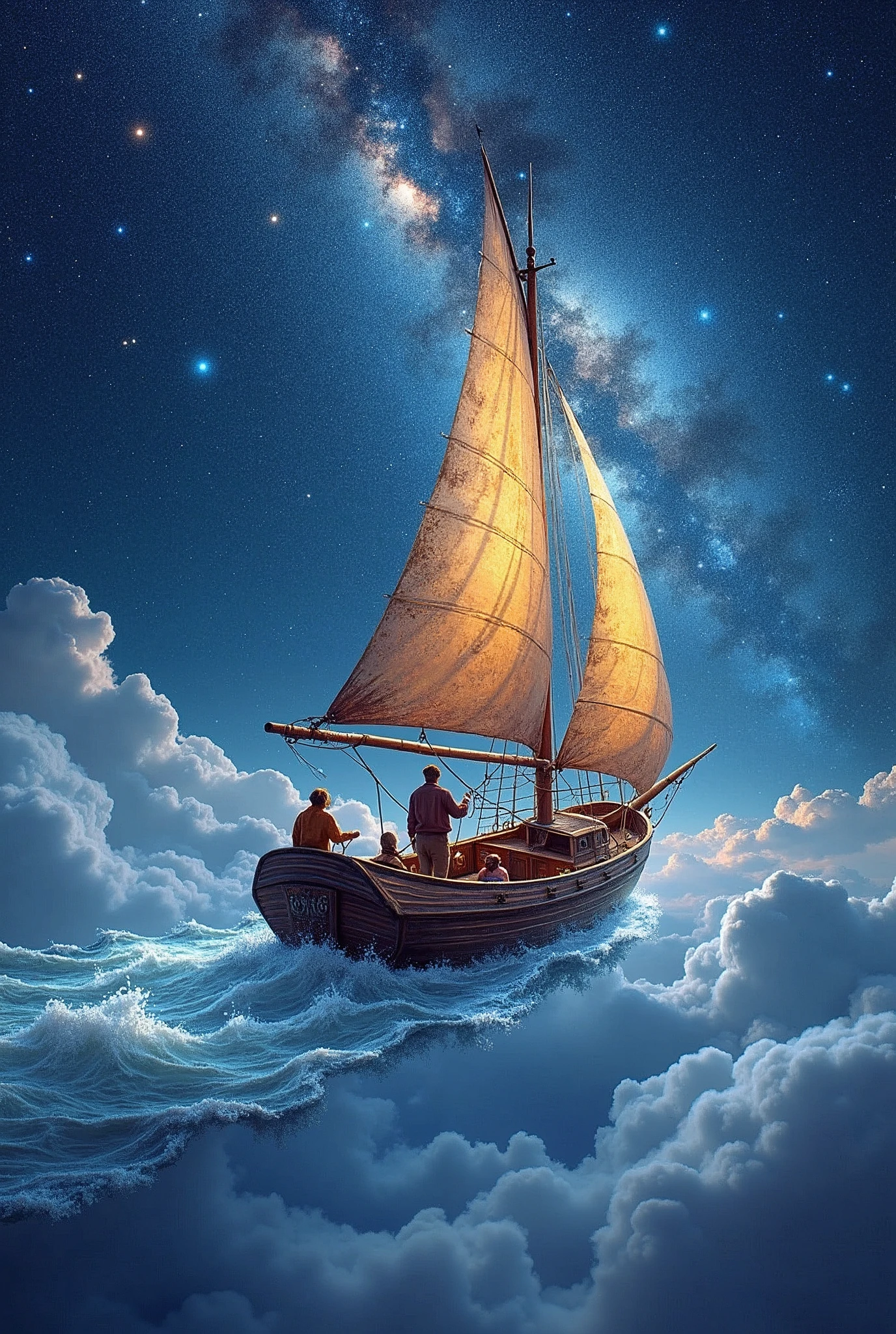 (Digital Mosaic art:2),Mosaic Tile Art,Mosaic,
magic flying explorer approaching the pleiades aboard a magical sailboat in the sky,mist fog,gravity-defying,aloft flight,night sky,cosmic,