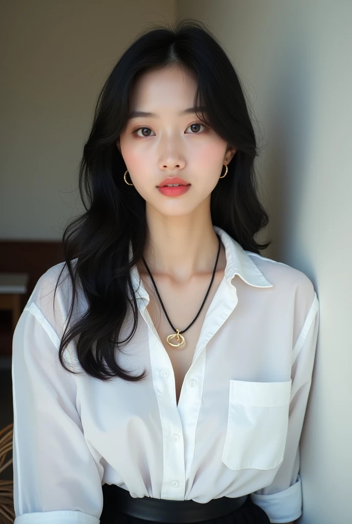 Korean man
black hair color
Light pink lipstick
The eyes are the same.
The nose is slender and prominent.
wearing a black necklace
wearing gold earrings
Wear a white shirt.
black pants
Wear a black belt
sitting on a chair